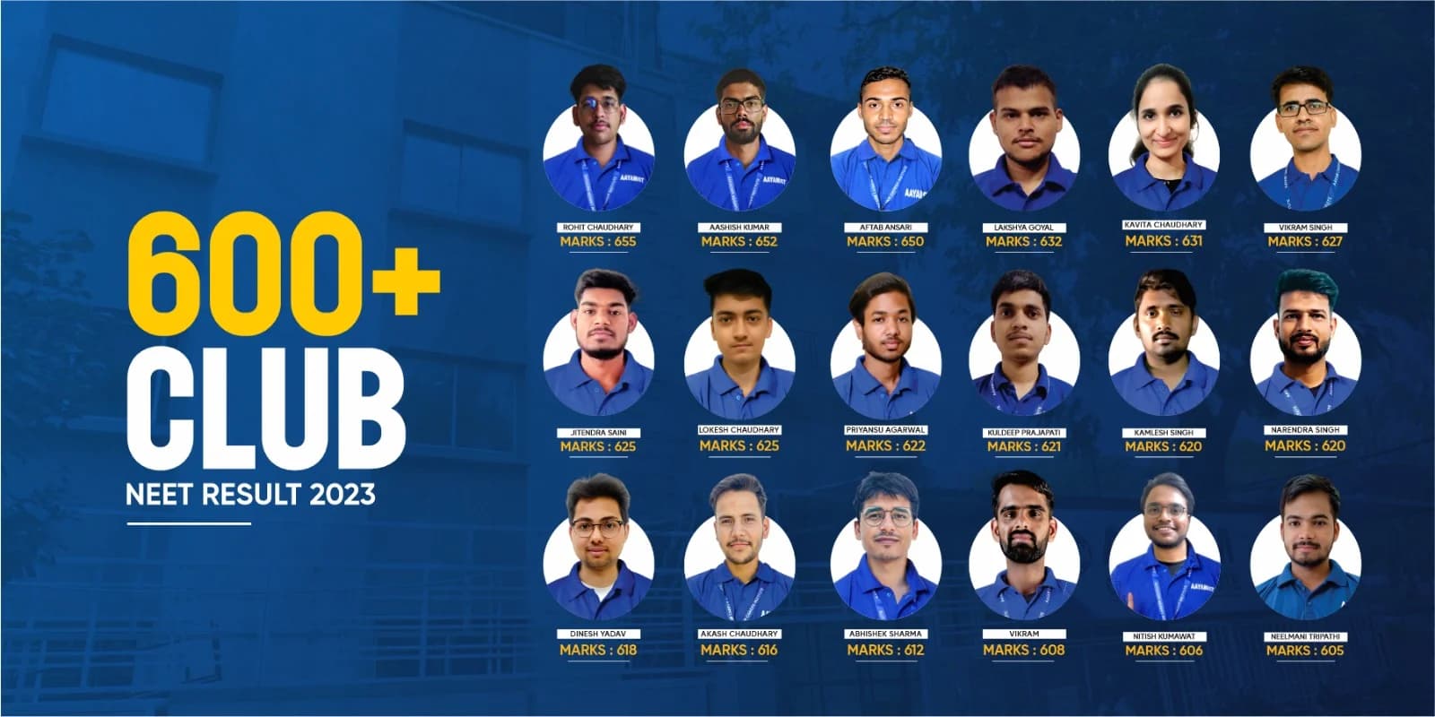 Aayam NEET 2023 600+ club: 18 students scoring 605 to 655 marks