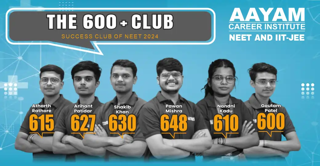 Aayam NEET 2024 600+ club: Pawan Mishra 648, Shakib Khan 630, Arihant Patidar 627, Atharth Rathore 615, Nandni Kadu 610, Goutam Patel 600
