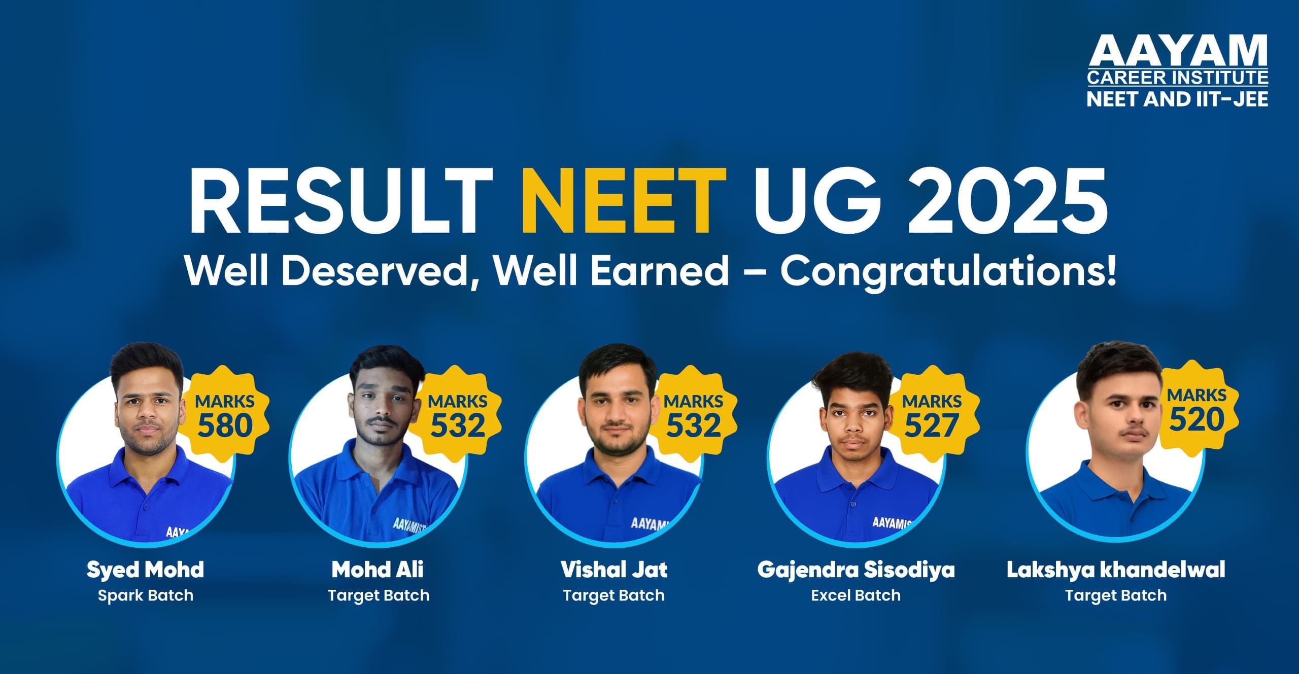 Aayam NEET UG 2025 results: Syed Mohd 580, Mohd Ali 532, Vishal Jat 532, Gajendra Sisodiya 527, Lakshya Khandelwal 520