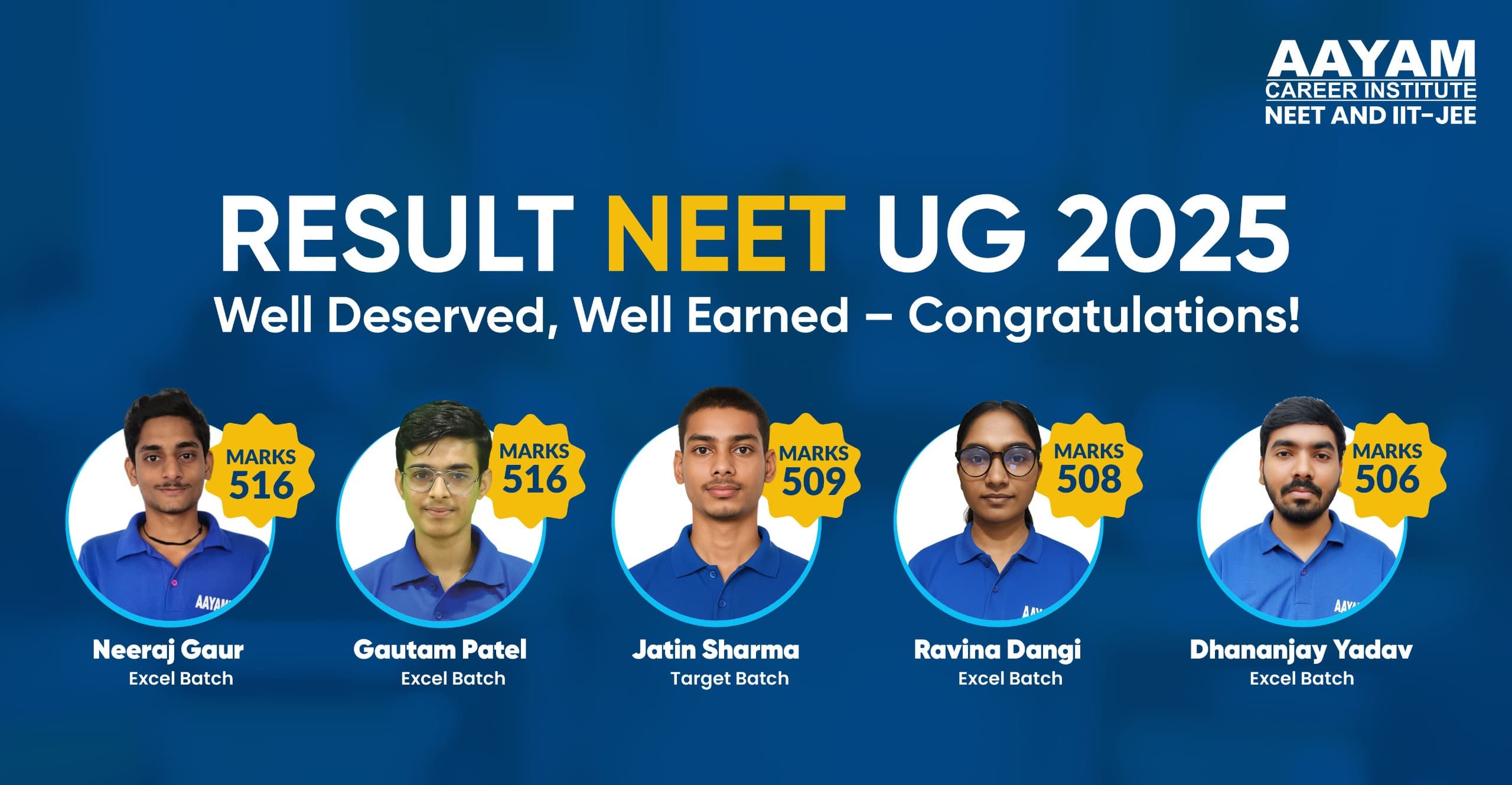 Aayam NEET UG 2025 results: Neeraj Gaur 516, Gautam Patel 516, Jatin Sharma 509, Ravina Dangi 508, Dhananjay Yadav 506