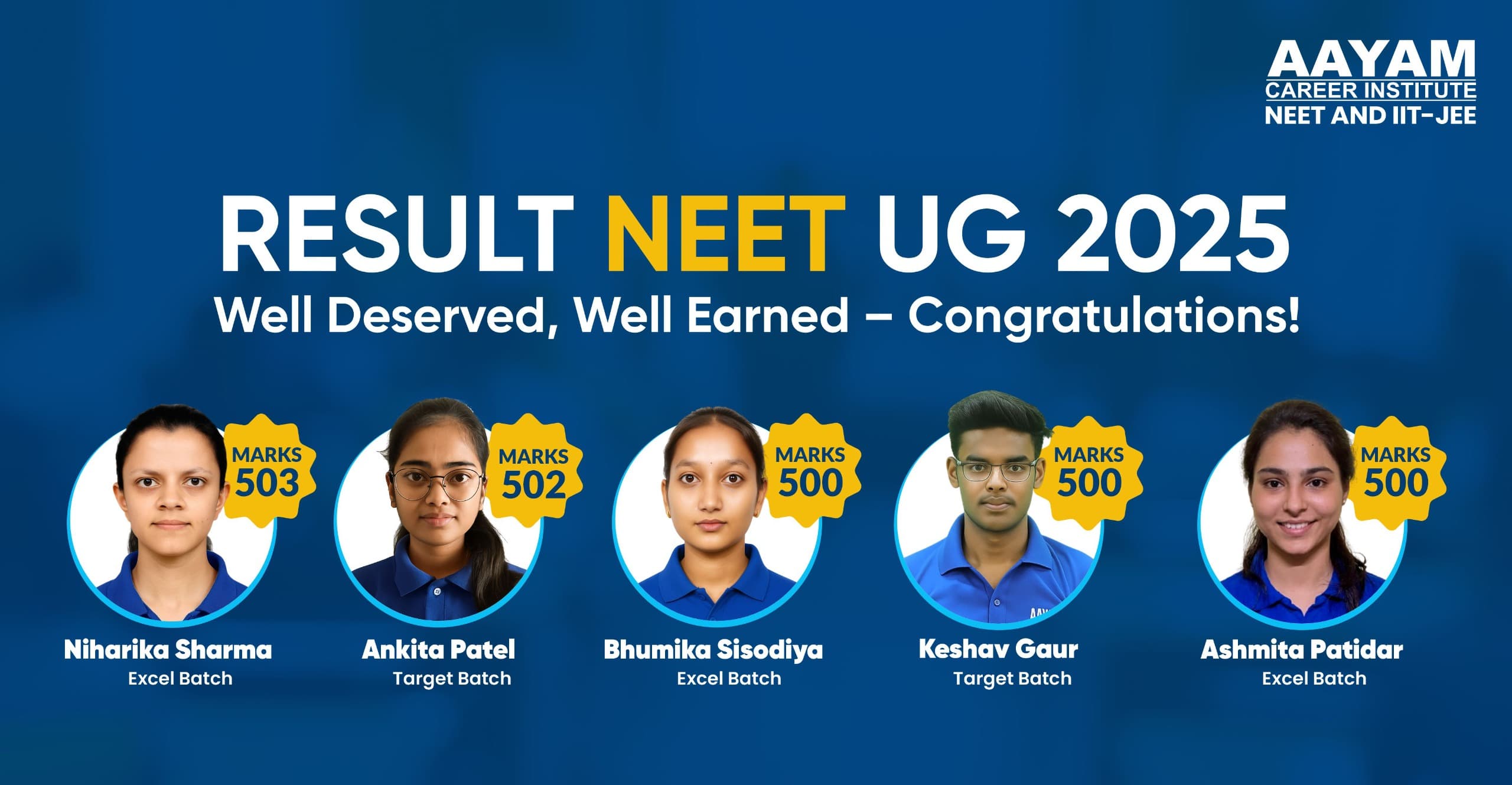 Aayam NEET UG 2025 results: Niharika Sharma 503, Ankita Patel 502, Bhumika Sisodiya 500, Keshav Gaur 500, Ashmita Patidar 500